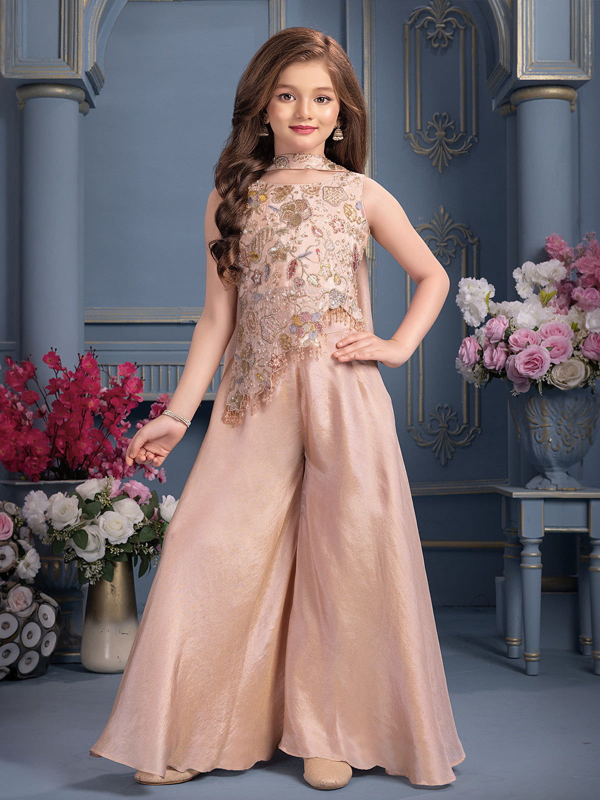 Light onion pink shimmer crepe silk girls palazzo suit
