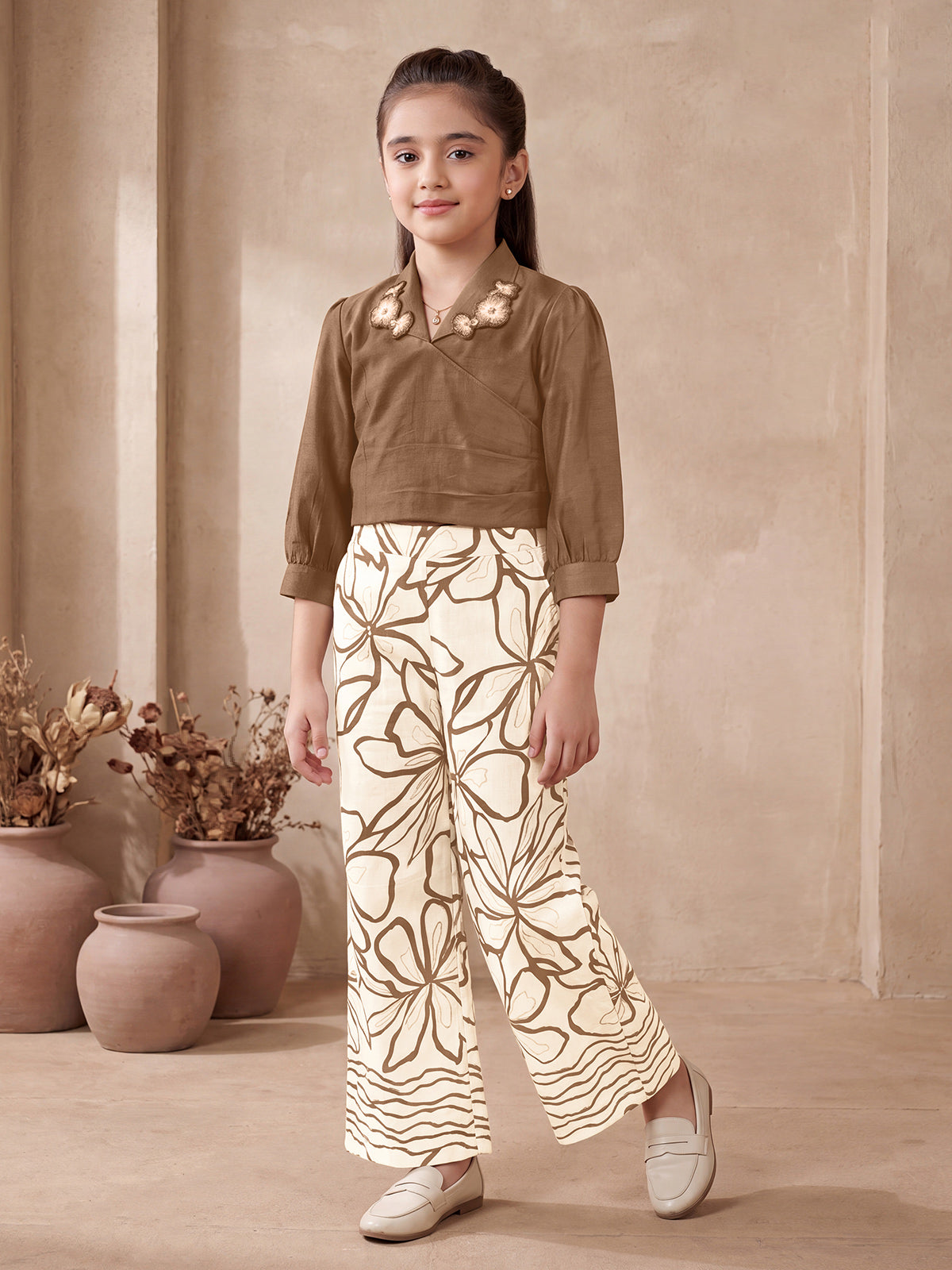 Brown floral printed girls co-ord set