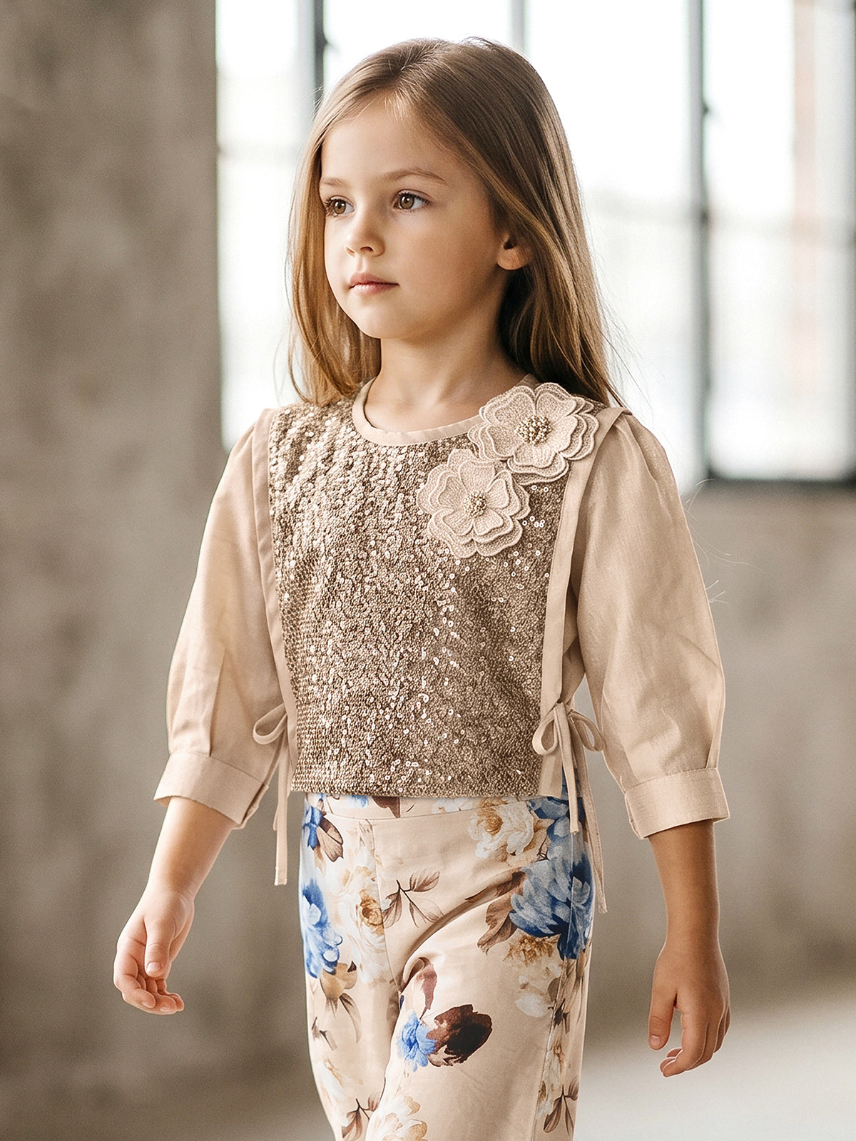 Cream sequin floral girls co-ord set