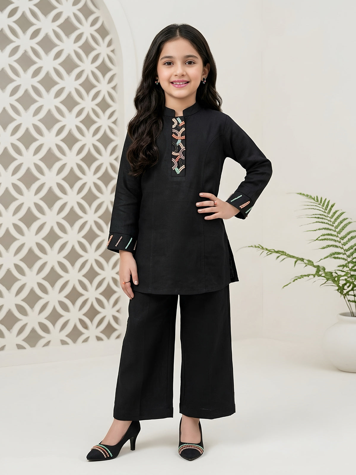 Black embroidered girls co-ord set