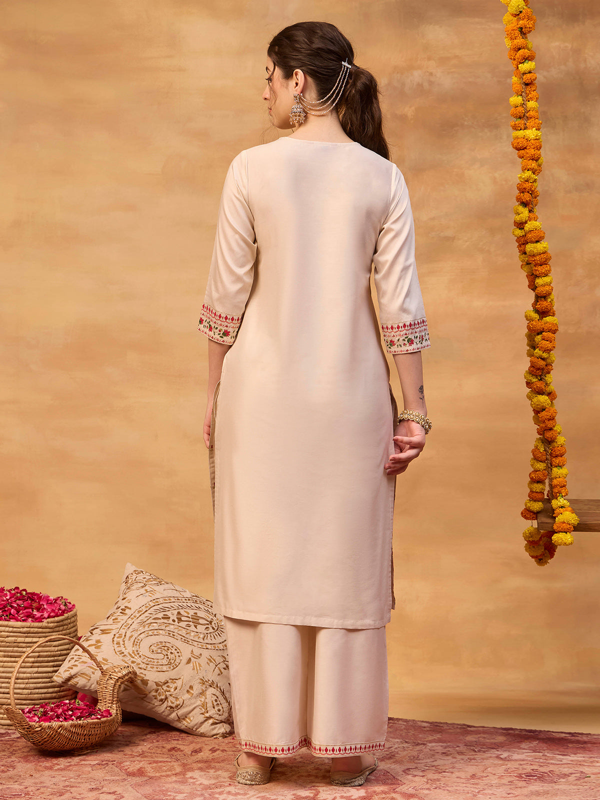 Light cream floral printed women kurti set