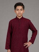 Maroon boys cotton blend kurta suit with thread weaving