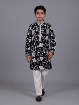 Black boys georgette kurta suit with contrasting floral threadwork