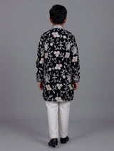 Black boys georgette kurta suit with contrasting floral threadwork