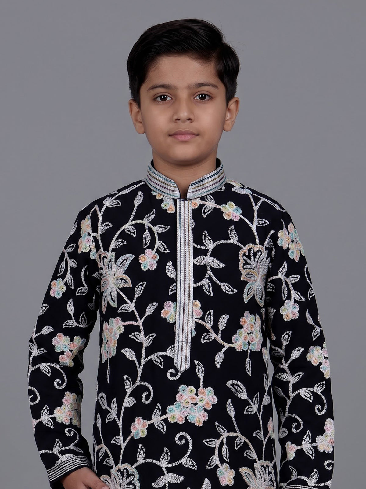 Black boys georgette kurta suit with contrasting floral threadwork