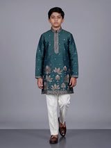 Peacock green boys Tussar silk blend kurta suit with aabla