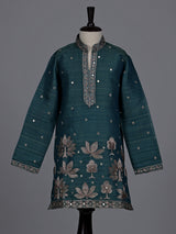 Peacock green boys Tussar silk blend kurta suit with aabla
