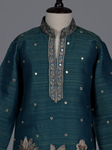 Peacock green boys Tussar silk blend kurta suit with aabla
