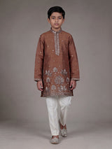 Brown boys Tussar silk blend kurta suit with aabla work