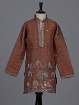 Brown boys Tussar silk blend kurta suit with aabla work
