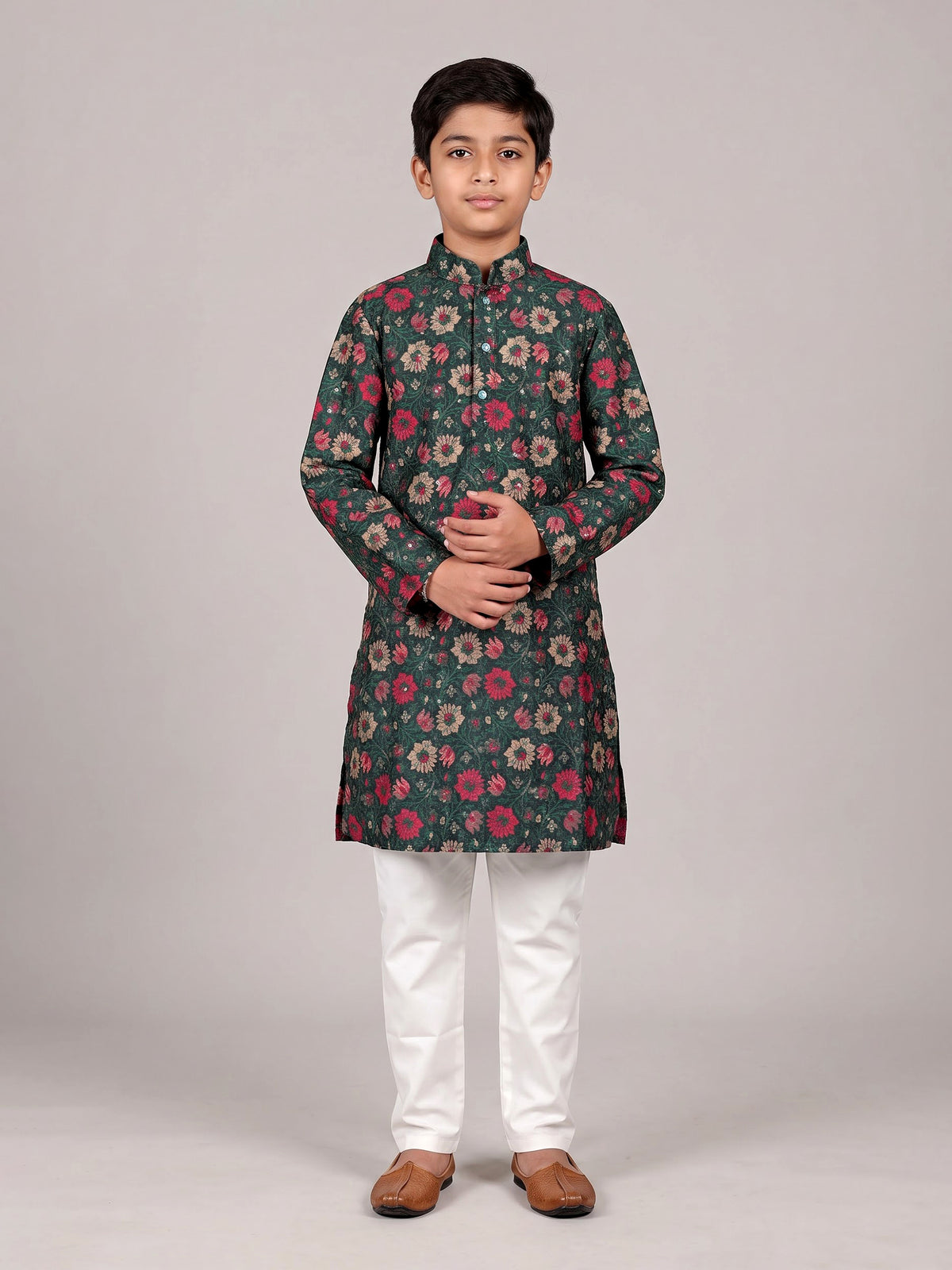 Teal green boys cotton silk kurta suit with floral work