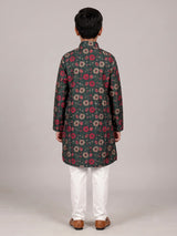 Teal green boys cotton silk kurta suit with floral work