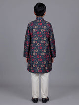 Blue boys cotton silk kurta suit with floral embellishments