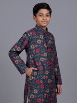 Blue boys cotton silk kurta suit with floral embellishments