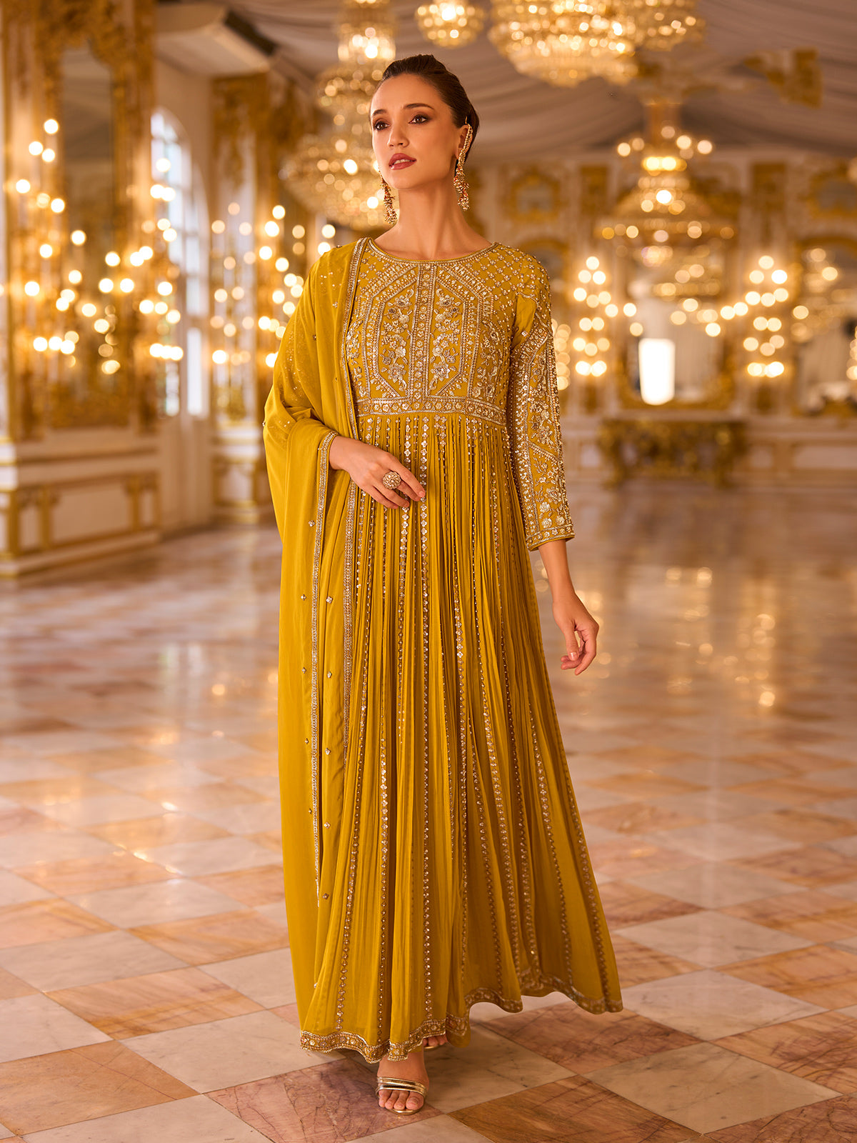 Mustard yellow regal mughal womens floor suit