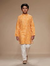 Light orange boys linen kurta suit with bandhani print