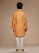 Light orange boys linen kurta suit with bandhani print
