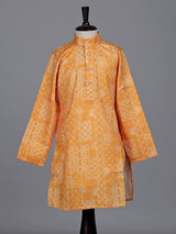 Light orange boys linen kurta suit with bandhani print