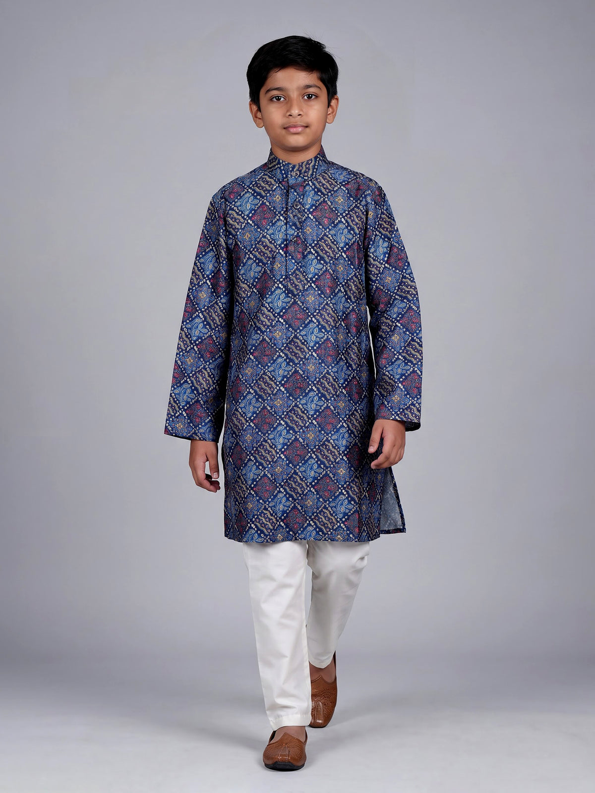 Blue boys silk blend kurta suit with printed thread weaving