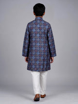 Blue boys silk blend kurta suit with printed thread weaving