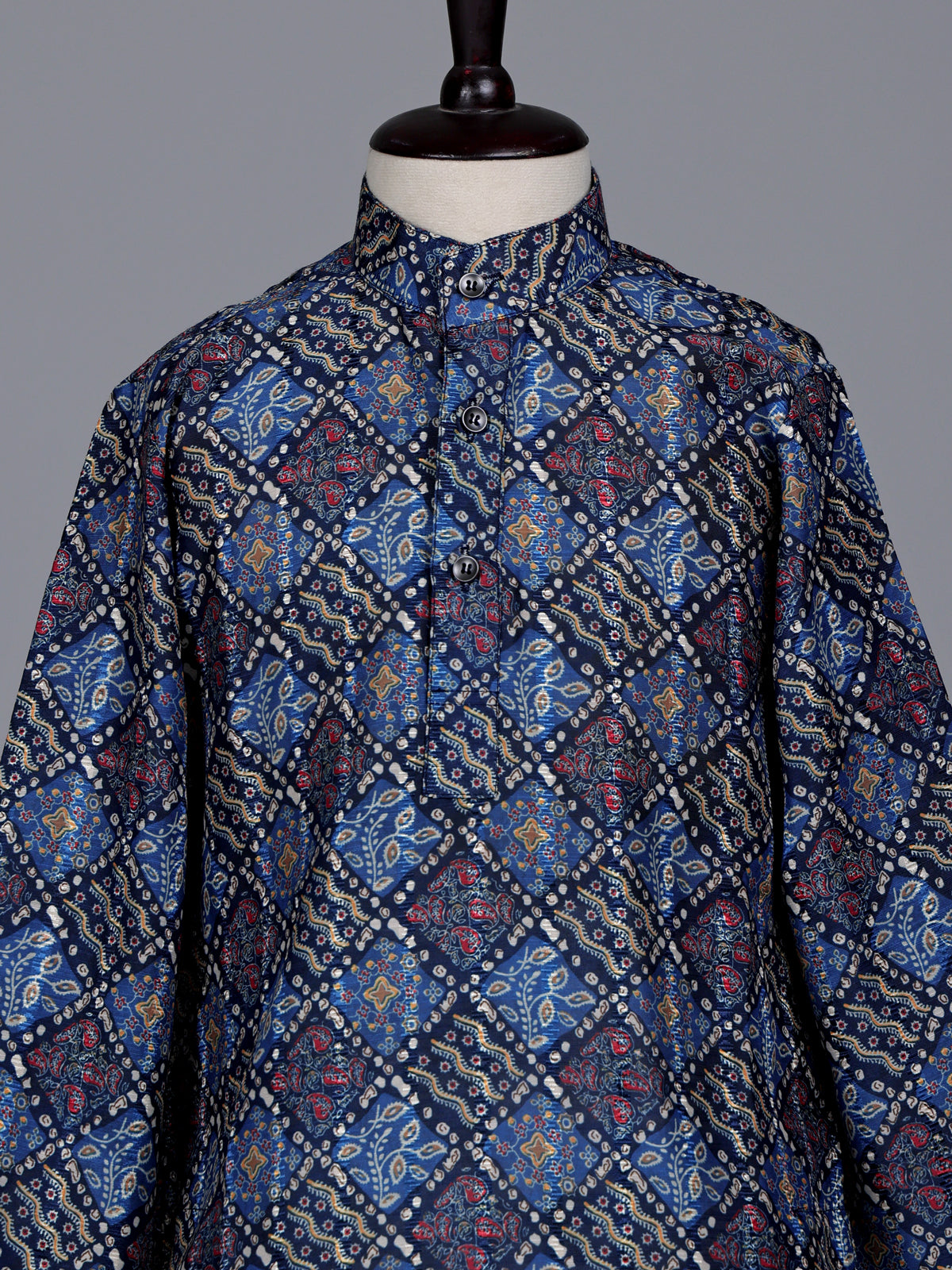 Blue boys silk blend kurta suit with printed thread weaving