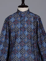 Blue boys silk blend kurta suit with printed thread weaving