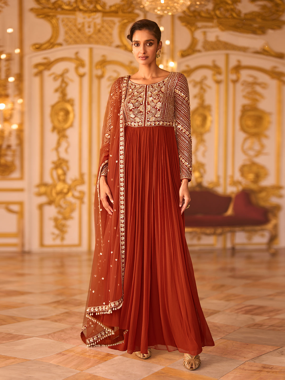 Rust orange exquisite embellished womens floor suit