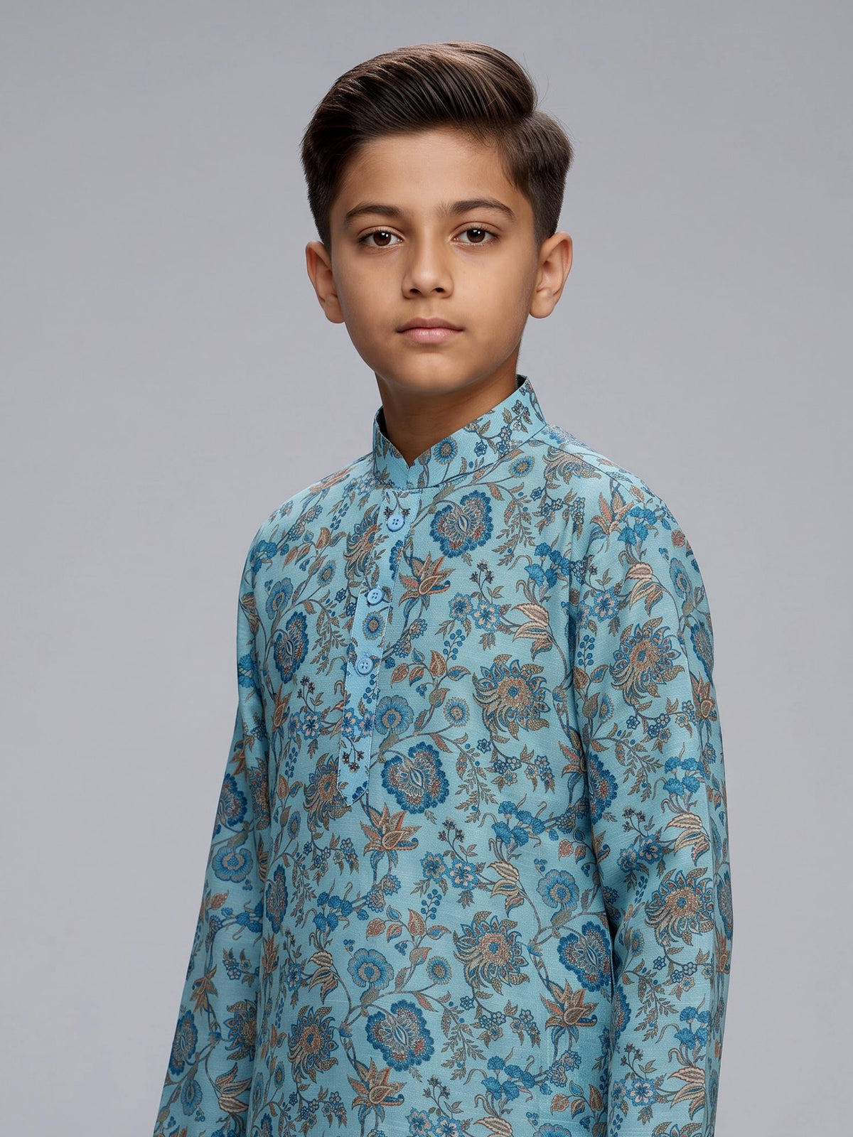 Sky blue boys linen kurta suit with refined floral print