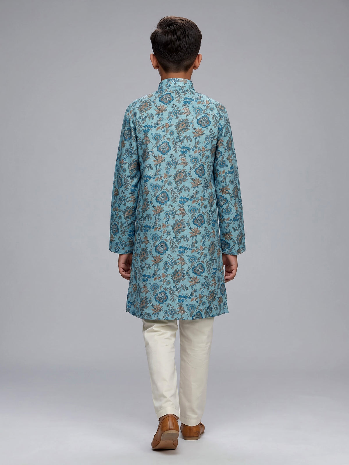 Sky blue boys linen kurta suit with refined floral print