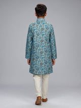 Sky blue boys linen kurta suit with refined floral print