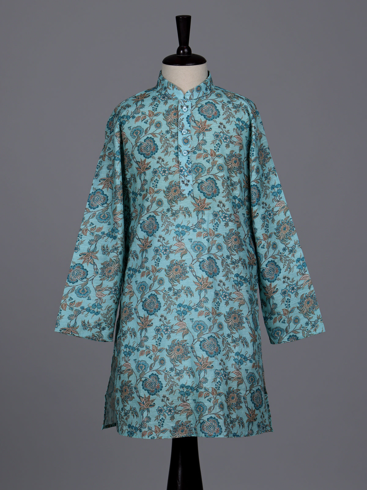 Sky blue boys linen kurta suit with refined floral print