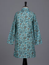 Sky blue boys linen kurta suit with refined floral print