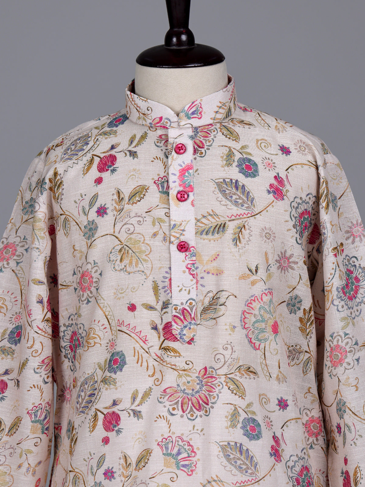 Beige boys linen kurta suit with elegant floral print