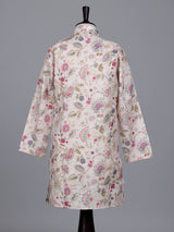 Beige boys linen kurta suit with elegant floral print