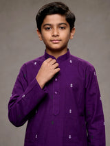 Purple boys cotton kurta suit with intricate butti thread work