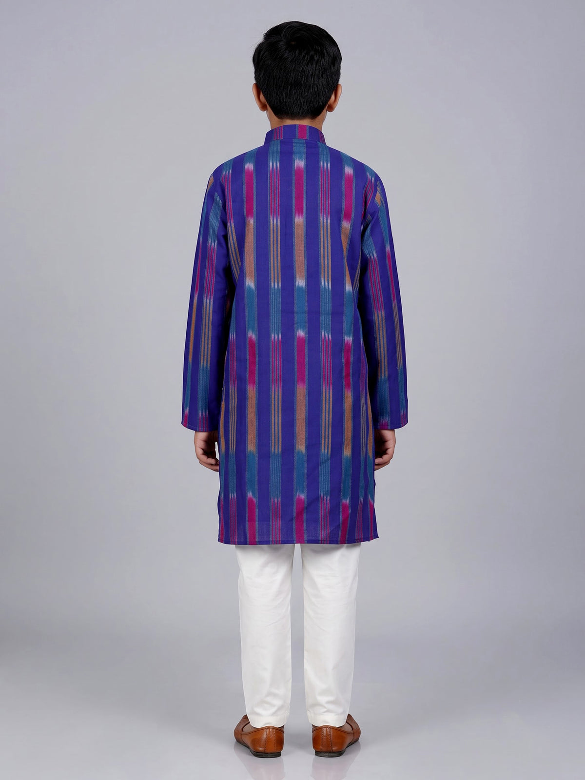 Royal blue boys cotton silk kurta suit with stripe print