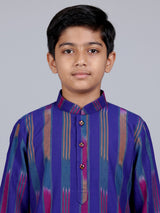 Royal blue boys cotton silk kurta suit with stripe print