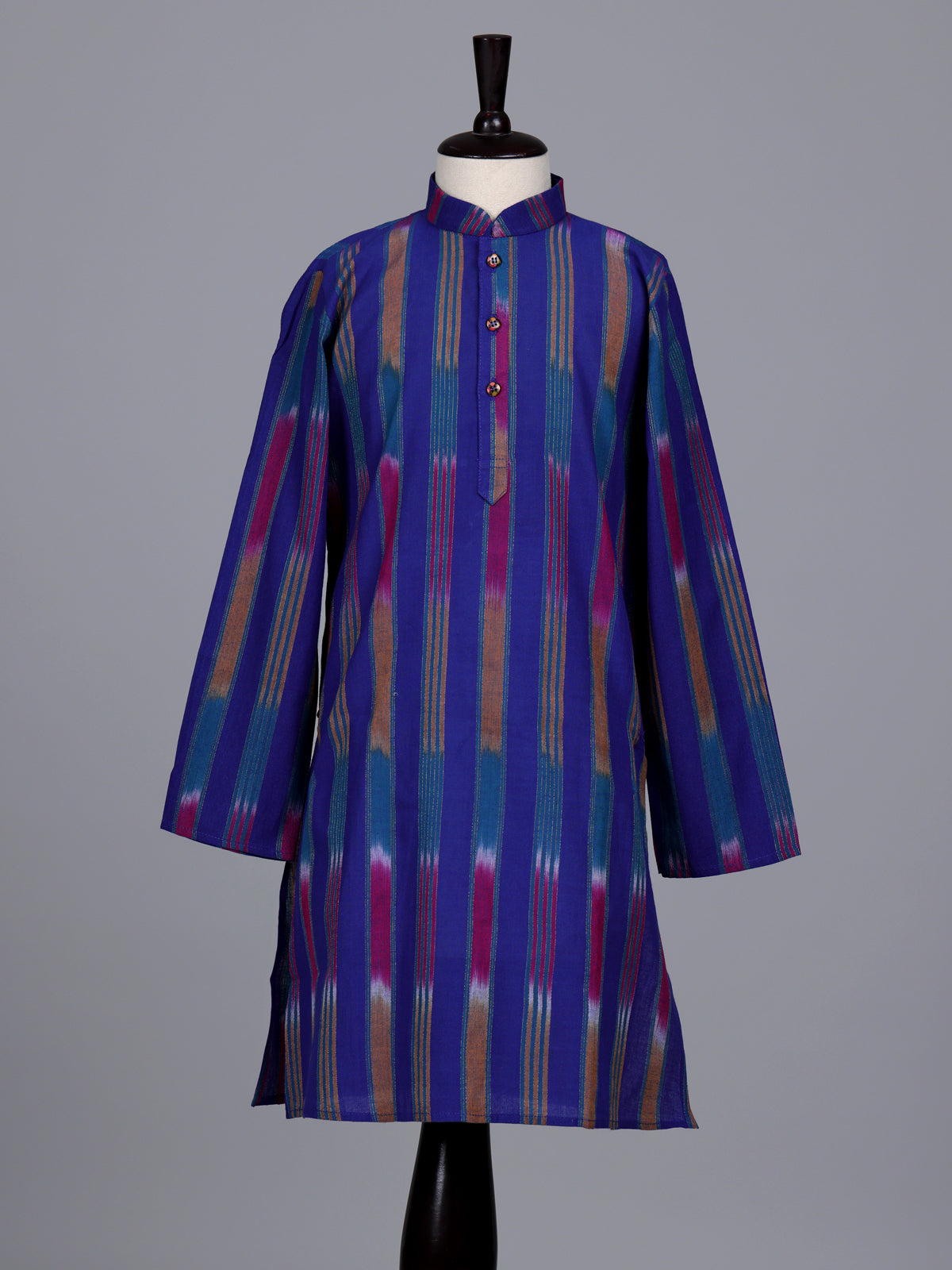 Royal blue boys cotton silk kurta suit with stripe print
