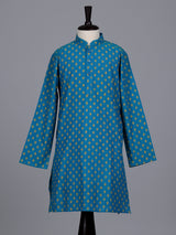 Aqua blue boys cotton blend kurta suit with butti print