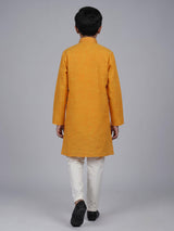 Mustard yellow boys cotton linen kurta suit with thread weaving