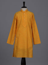 Mustard yellow boys cotton linen kurta suit with thread weaving