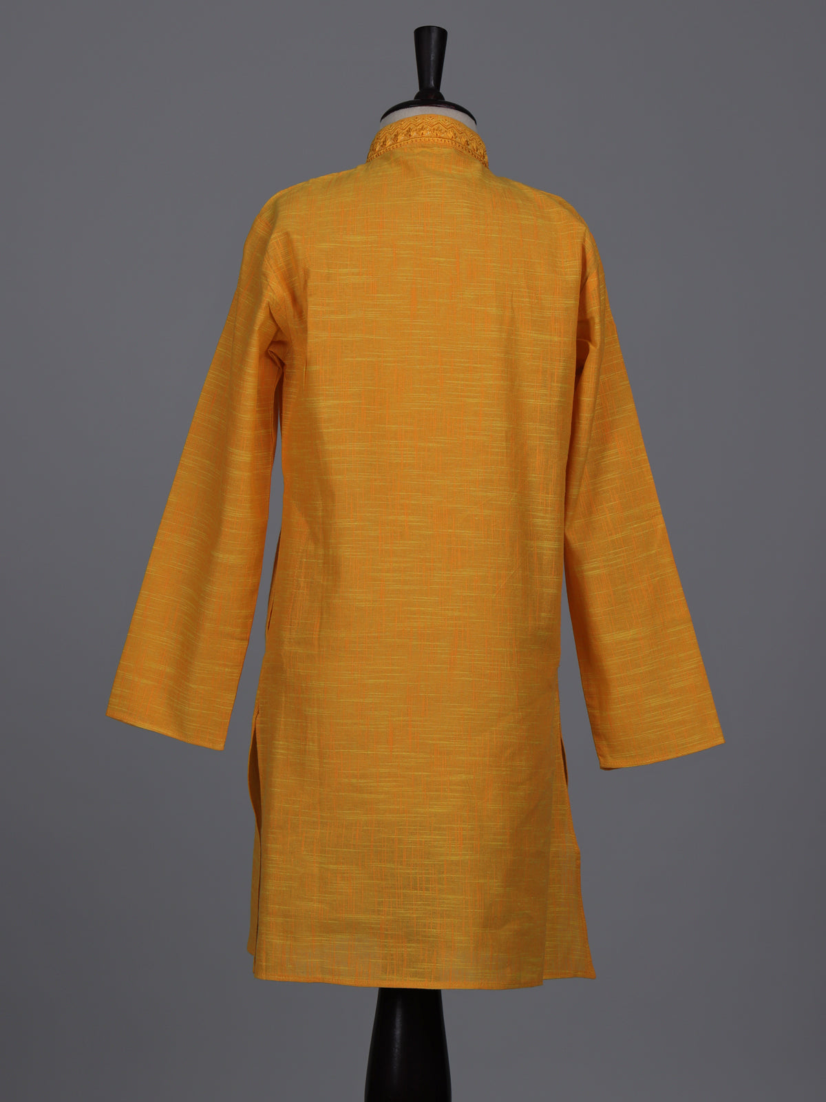 Mustard yellow boys cotton linen kurta suit with thread weaving