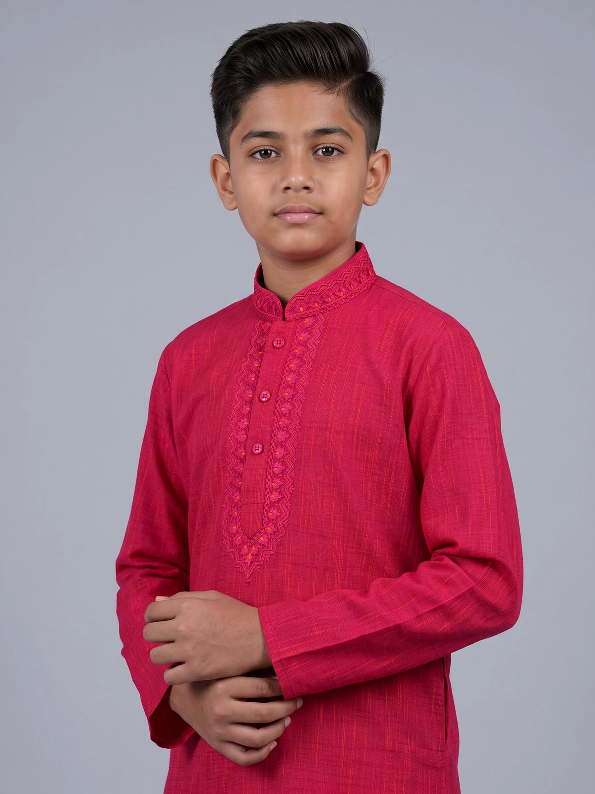 Hot pink boys cotton linen kurta suit with thread weaving