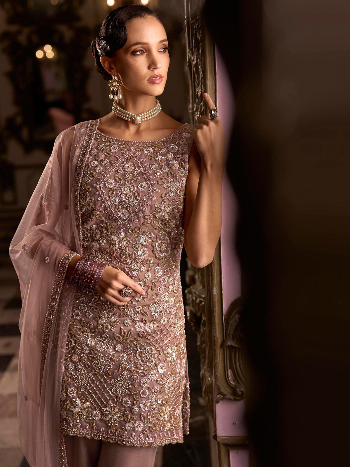 Cafe rose pink exquisite embroidered womens palazzo suit