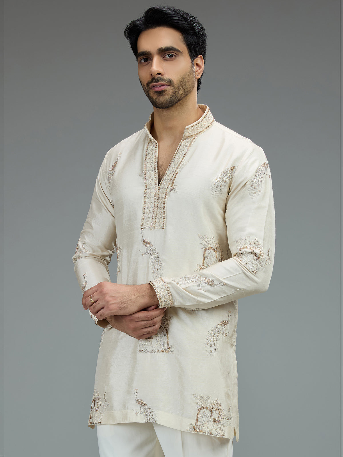 Cream stylish mens kurta pajama with zardosi work