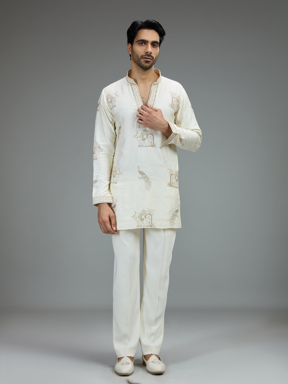 Cream stylish mens kurta pajama with zardosi work