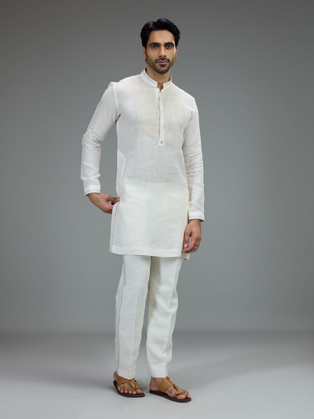 Off white smart mens kurta pajama with threadwork