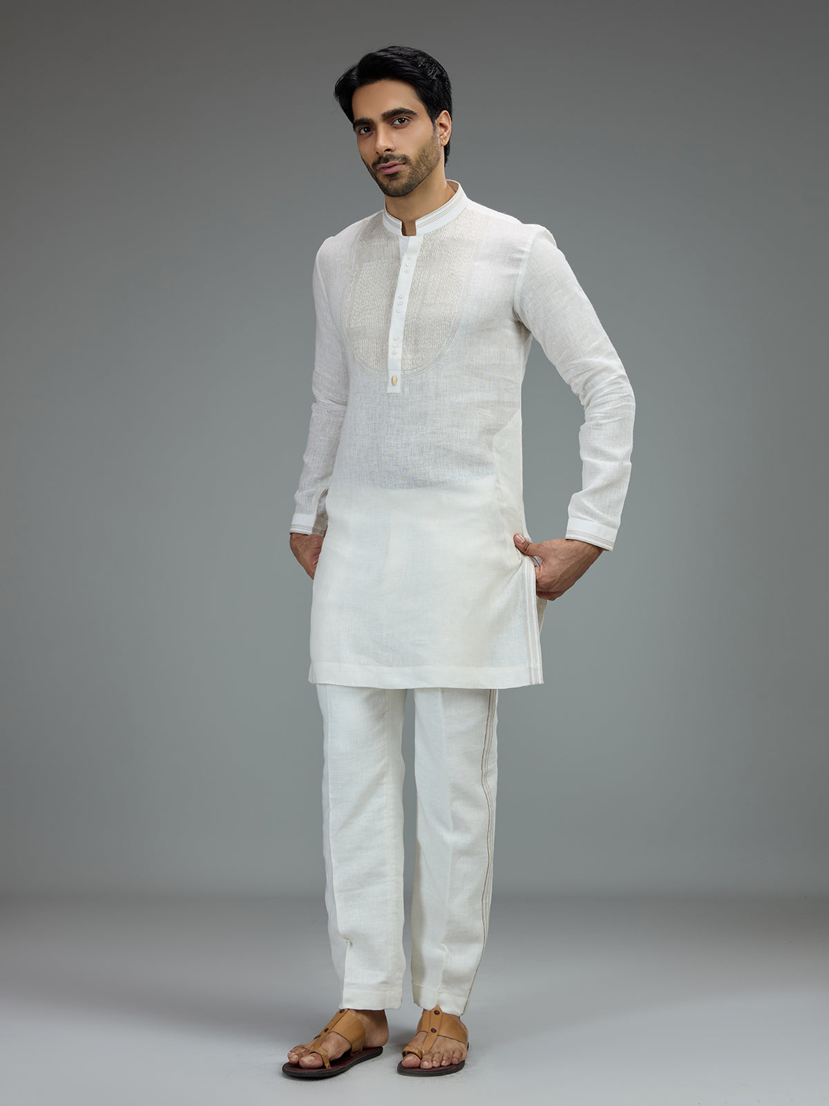 Off white smart mens kurta pajama with threadwork