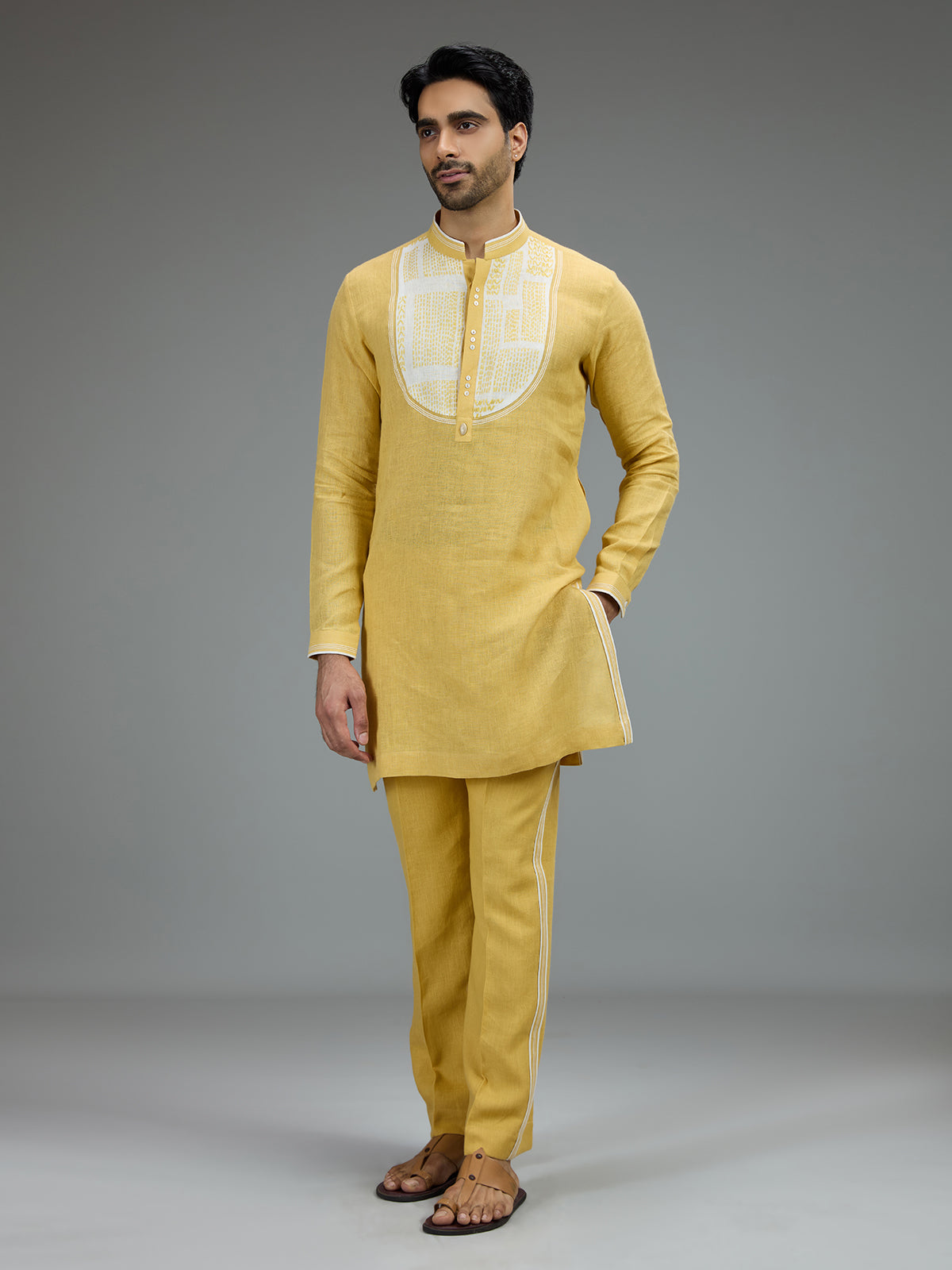 Yellow festive mens kurta pajama in cotton linen