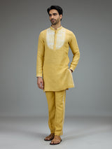 Yellow festive mens kurta pajama in cotton linen
